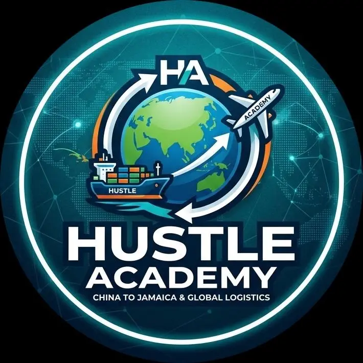 Hustle Academy logo: a globe with a cargo ship and plane, China to Jamaica & Global Logistics